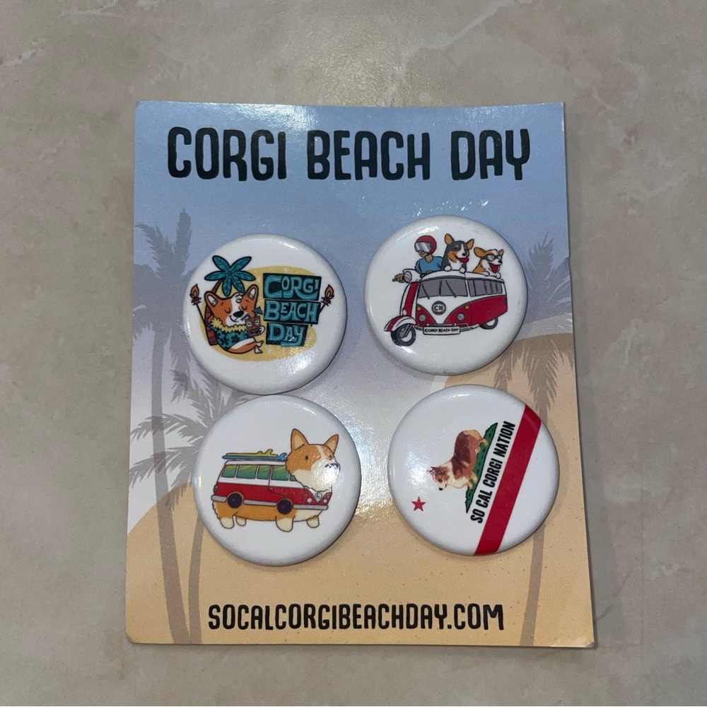 4 Corgi Beach Day Pins